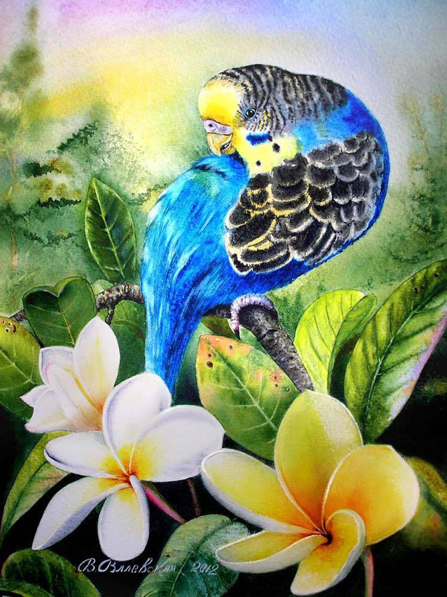 Живопись птицы с яркими цветами